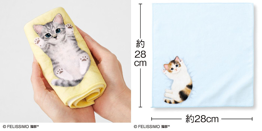公式通販 新品　フェリシモ　子猫がへそ天でごろ〜ん　タオルハンカチ　三毛 ハンカチ